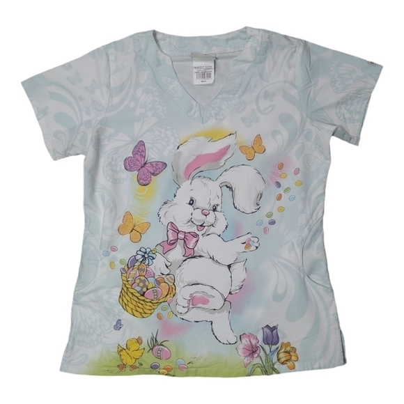 UA Scrubs “Happy Easter Bunny” White Top Size Medium – Uniform Advantage Vintage - Picture 1 of 7